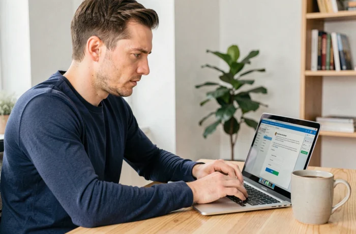 Homme installant un pack Office sur son ordinateur portable dans un bureau à domicile moderne