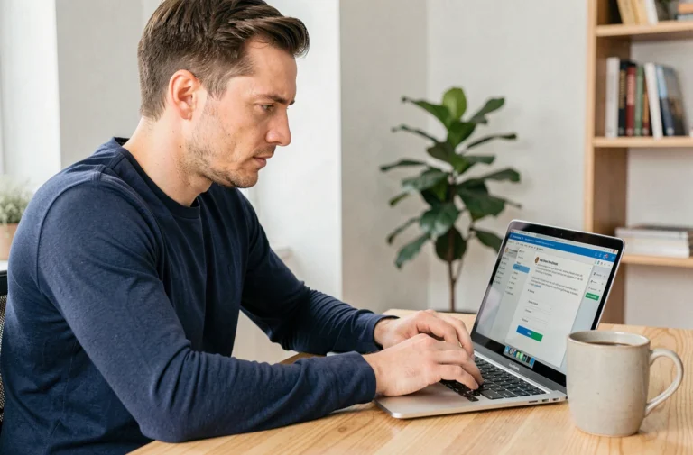 Homme installant un pack Office sur son ordinateur portable dans un bureau à domicile moderne