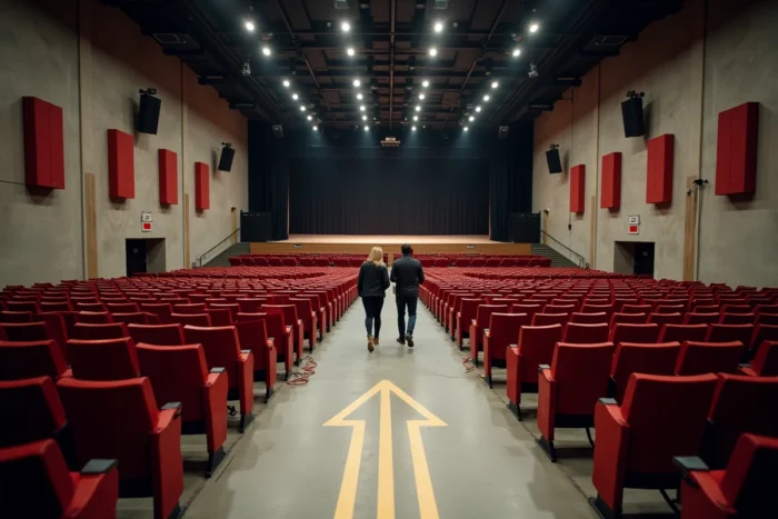 Vue intérieure d'une salle de spectacle vide avec signalétique d'évacuation et vérification des normes de sécurité