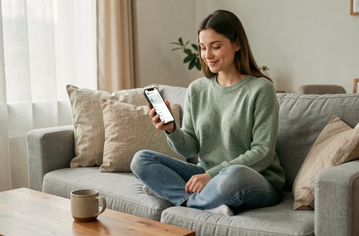 Jeune femme souriant en navigant sur la carte du site Irist Santé depuis son smartphone à la maison