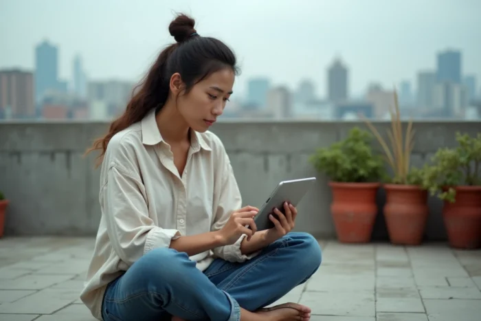 Jeune femme découvrant des actualités insolites sur une tablette en terrasse urbaine