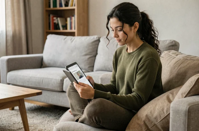 Jeune femme assise sur un canapé consultant des avis de décès sur Libra Memoria via une tablette numérique