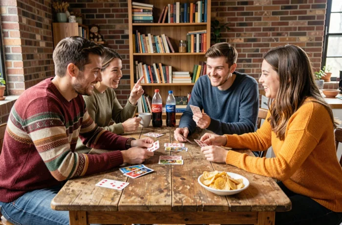 Quatre jeunes adultes jouant au Kems autour d'une table en bois dans un appartement cosy, cartes en main avec des expressions animées