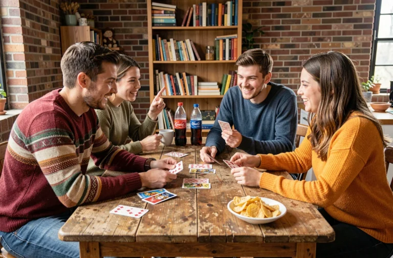 Quatre jeunes adultes jouant au Kems autour d'une table en bois dans un appartement cosy, cartes en main avec des expressions animées