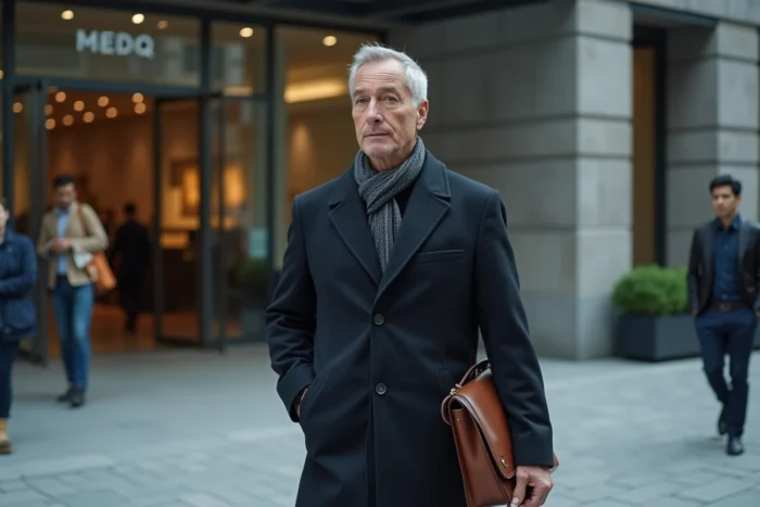Journaliste devant un bâtiment médiatique urbain, illustrant le monde de la presse et les enjeux de santé professionnelle