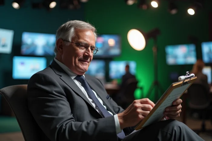 Journaliste de télévision en coulisses d'un plateau TV, concentré sur ses notes, évoquant la carrière médiatique et les défis de santé