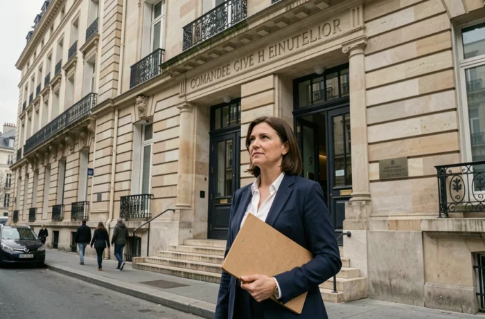 Femme juriste devant un tribunal civil français tenant un dossier, évoquant les règles de compétence territoriale de l'article 46 du CPC