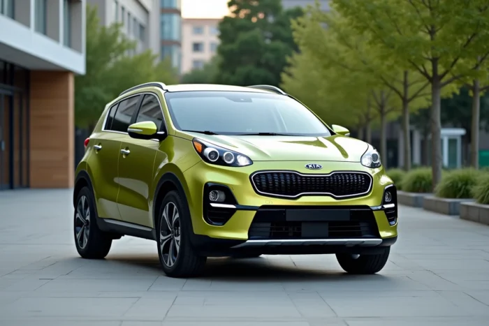 Kia Sportage vert métallique dans un parc urbain avec architecture moderne en fond