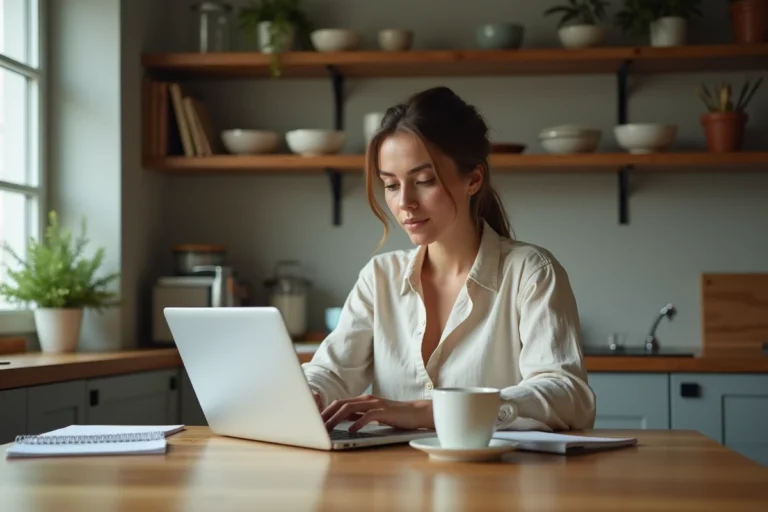 Maman blogueuse travaillant sur son ordinateur portable dans une cuisine familiale chaleureuse