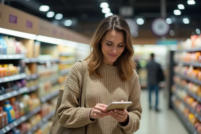 Maman organisant ses courses en supermarché avec une liste de conseils pratiques