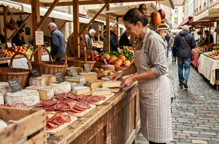 Étal de marché gourmand avec fromages et charcuterie artisanaux présentés par une fromagère en tablier de lin rayé