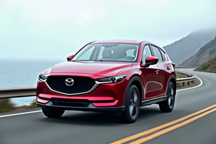 Mazda CX-5 rouge Soul Red Crystal sur une route côtière avec mer en arrière-plan