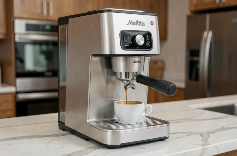 Machine à café Melitta Caffeo Solo E950-222 en train de préparer un espresso sur un plan de travail en marbre blanc
