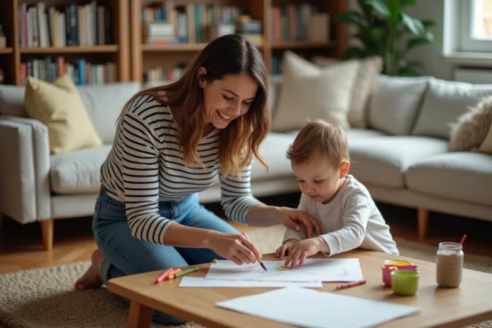 Mère et enfant faisant des activités créatives ensemble dans un salon familial