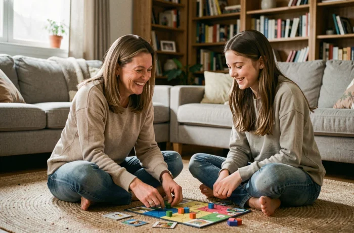 Mère et fille adolescente jouant à un jeu de société sur le sol du salon, scène de complicité familiale détendue et naturelle