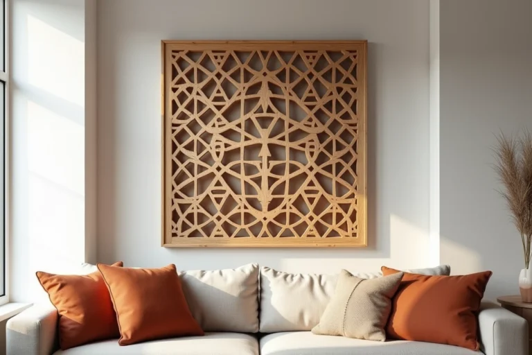 Moucharabieh en bois naturel avec motifs géométriques accroché sur un mur de salon moderne au style scandinave