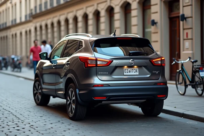 Nissan Qashqai 1.3 DIG-T 2022 gris anthracite dans une rue européenne pavée