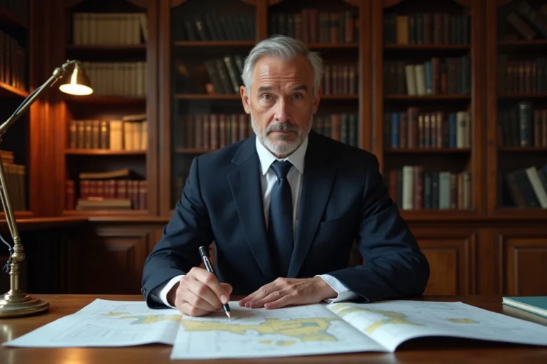 Notaire examinant un plan cadastral pour calculer le prix d'une servitude de passage immobilière