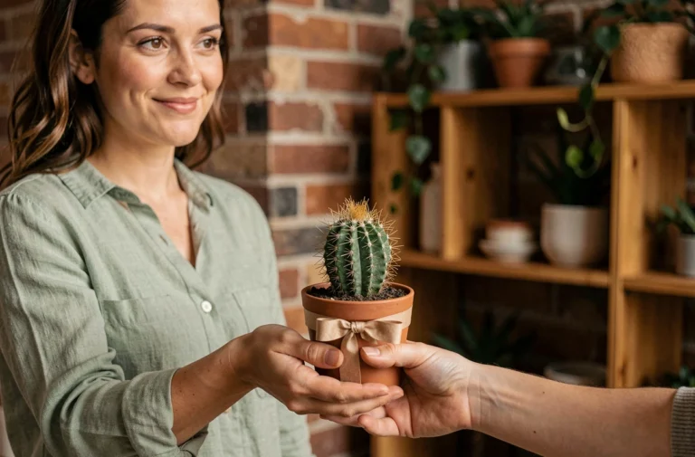 Femme offrant un cactus en pot à une autre personne dans un appartement chaleureux, geste symbolique d'affection et de cadeau végétal