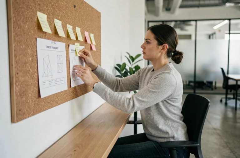 Femme organisatrice de structure de site web avec des wireframes épinglés sur un tableau dans un bureau moderne