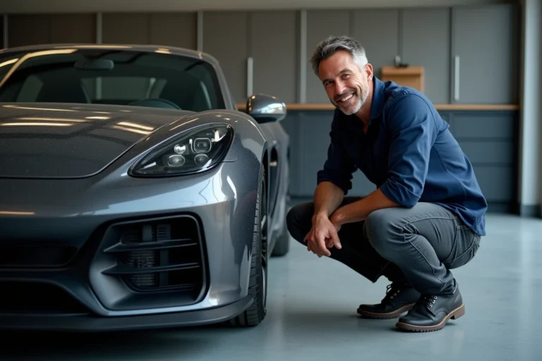 Passionné d'automobile inspectant le pare-chocs d'une voiture de sport moderne dans un garage privé élégant