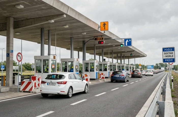 Péage d'autoroute français avec barrières de télépéage et voitures en file d'attente