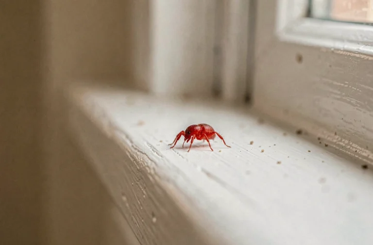 Gros plan macro d'un petit insecte rouge de 1 mm sur un rebord de fenêtre en bois blanc à l'intérieur d'une maison