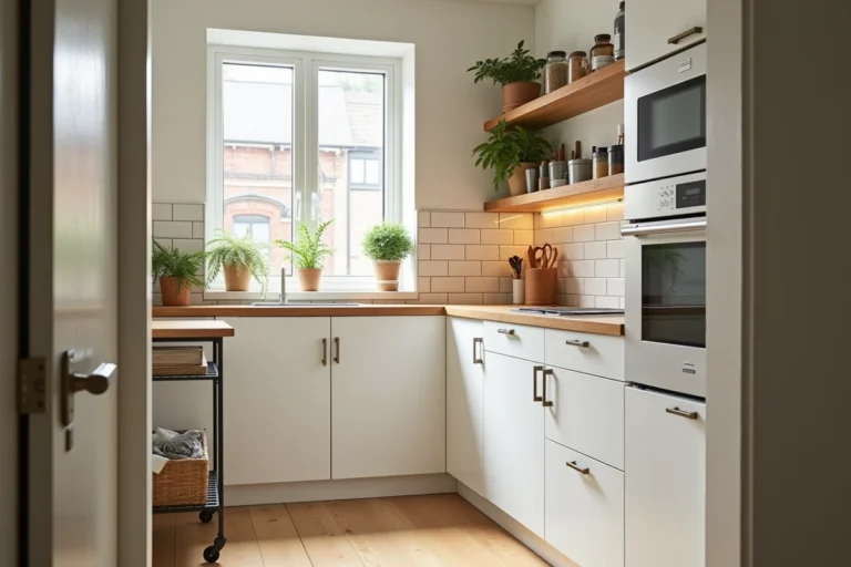 Petite cuisine Ikea aménagée avec des meubles METOD blancs, étagères en bois et crédence en carrelage métro dans un appartement urbain
