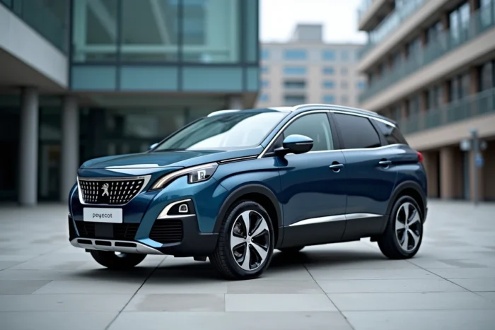Peugeot 3008 II BlueHDi bleu métallique sur une place urbaine contemporaine