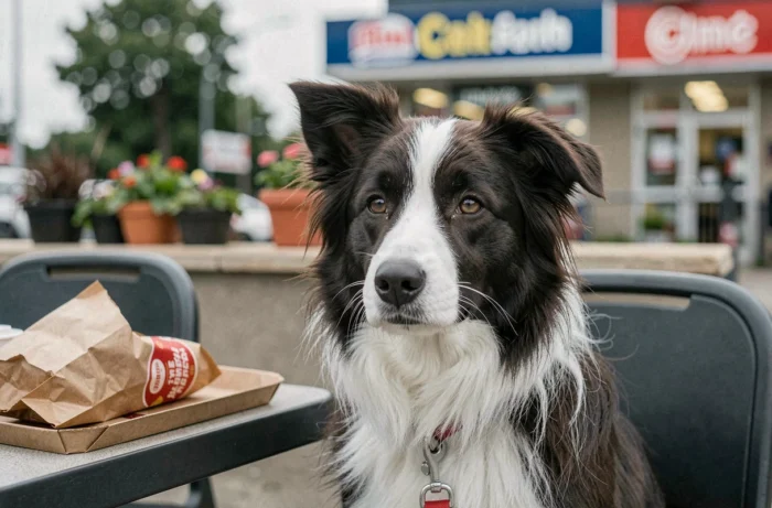Portrait of a border collie on a leash at the terrace of a Burger King with a blurred fast food background