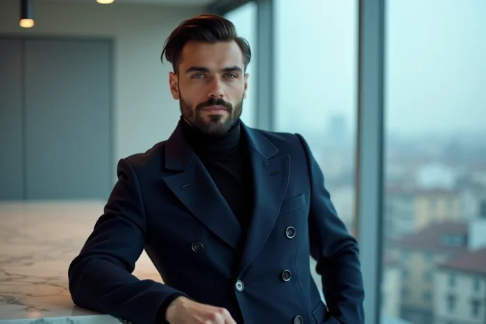 Portrait élégant d'un homme avec une coupe mafia italienne mi-long et raie latérale dans un appartement moderne milanais