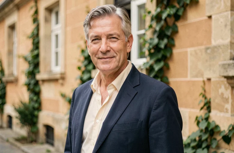 Portrait éditorial d'un homme élégant d'une cinquantaine d'années devant une façade en pierre européenne, illustrant un article sur la vie personnelle de Philippe Gougler
