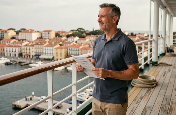 Homme se préparant pour sa croisière en consultant son itinéraire sur le pont d'un bateau au port