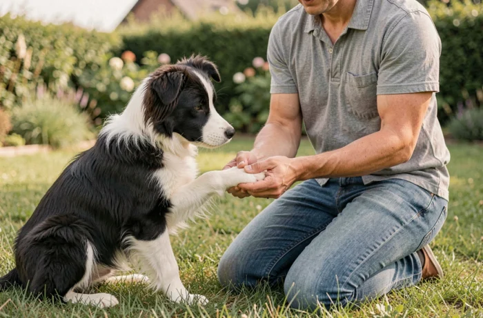 Propriétaire inspectant l'ergot de son border collie dans un jardin verdoyant en extérieur