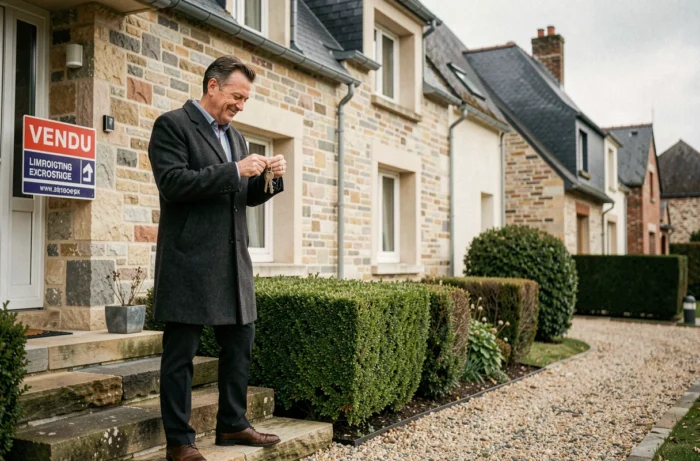 Propriétaire tenant ses clés devant une maison vendue dans un quartier résidentiel de Limoges