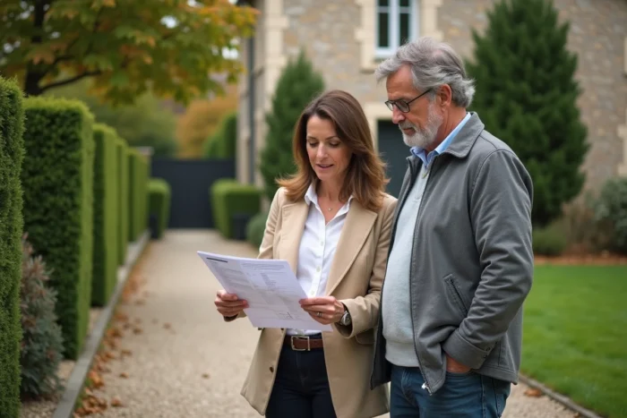 Deux propriétaires discutant du tracé d'une servitude de passage sur une propriété résidentielle