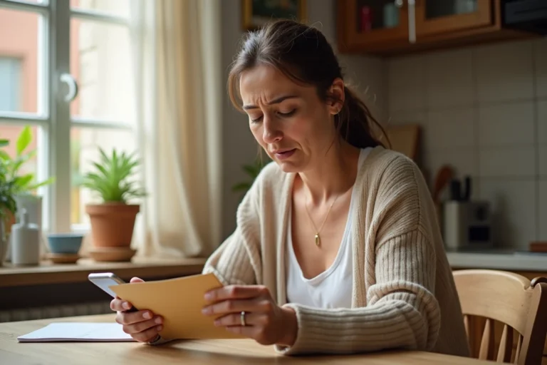 Femme consultant une lettre de réclamation pour non-réception de Télé Z à la table de cuisine