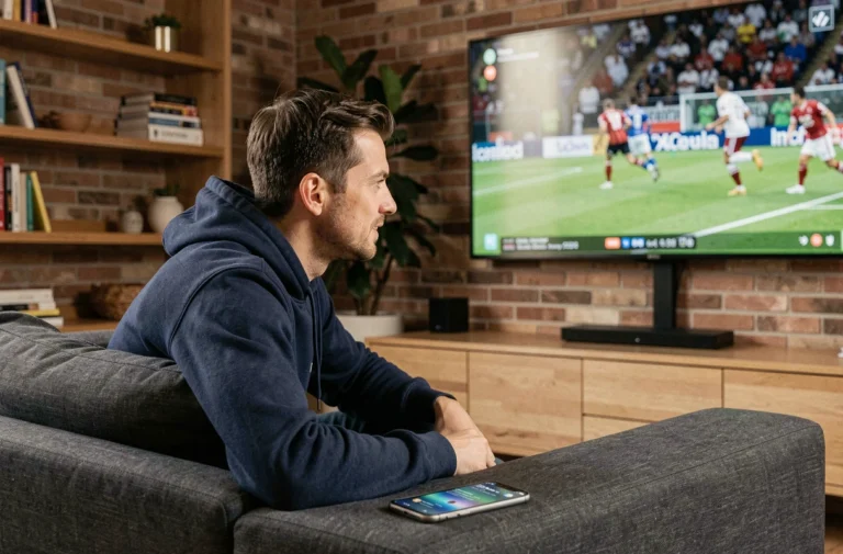 Homme regardant un match de foot en streaming direct sur sa télévision depuis son salon