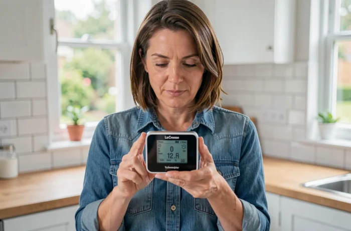 Femme consultant l'écran LCD d'une station météo La Crosse Technology après une réinitialisation dans une cuisine moderne