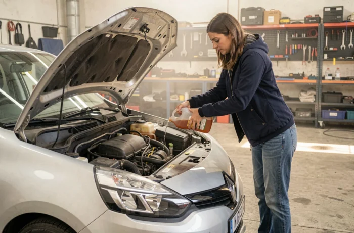 Femme ajoutant du liquide de refroidissement dans le moteur d'une Clio 3 dans un garage