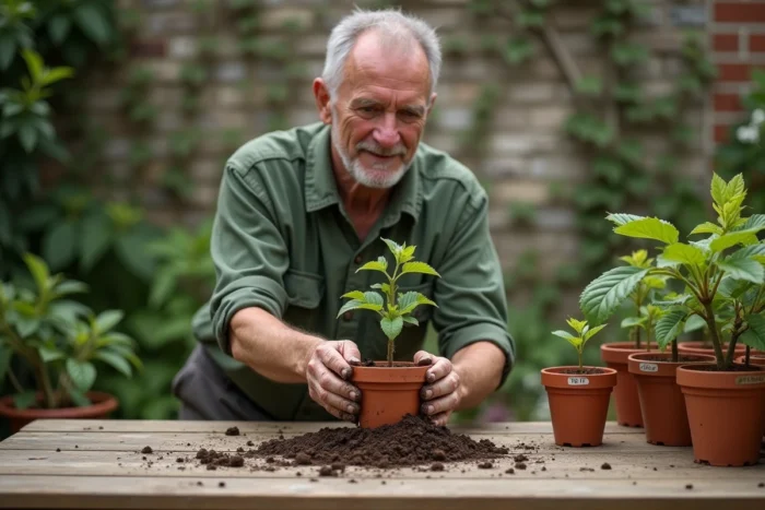 Hombre jardinero trasplantando un esqueje de lila enraizado en una maceta de terracota en una terraza de piedra