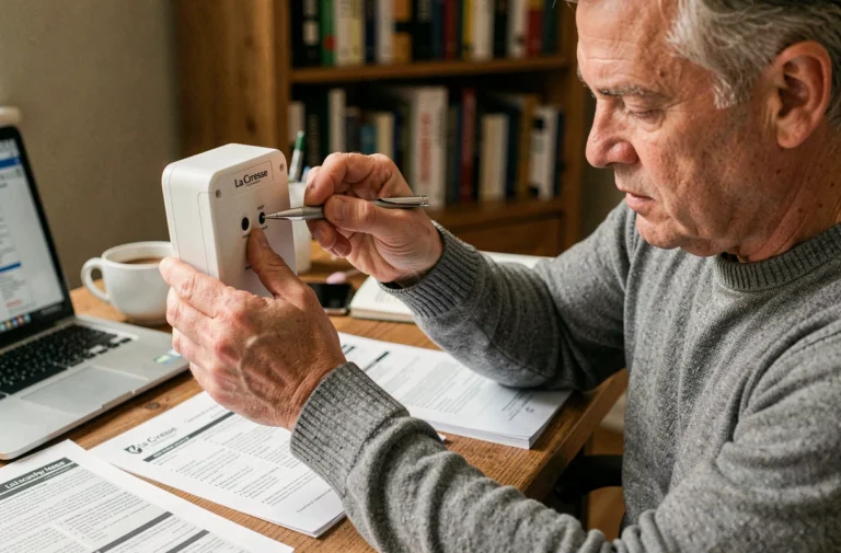 Homme appuyant sur le bouton reset d'une station météo La Crosse Technology avec un stylo bille