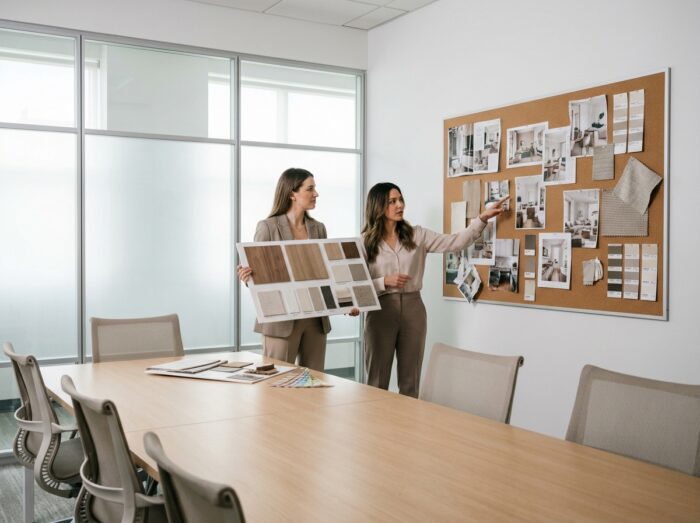 Deux femmes en réunion de conception intérieure présentant un board de matériaux et un moodboard dans une agence de design