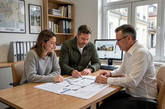 Couple en réunion avec un agent immobilier local dans une agence à Limoges autour de plans de propriété