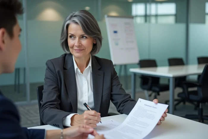 HR meeting between an employee close to retirement and a human resources manager to sign the final settlement
