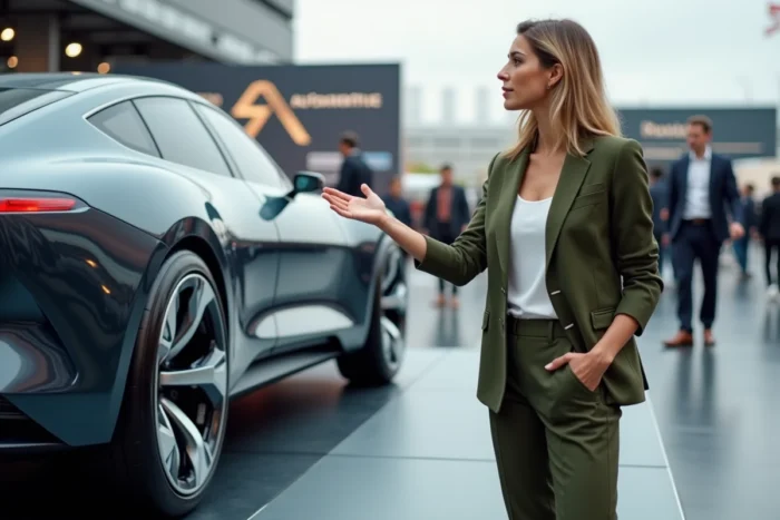 Femme passionnée d'automobile découvrant une voiture concept lors d'un salon automobile en plein air