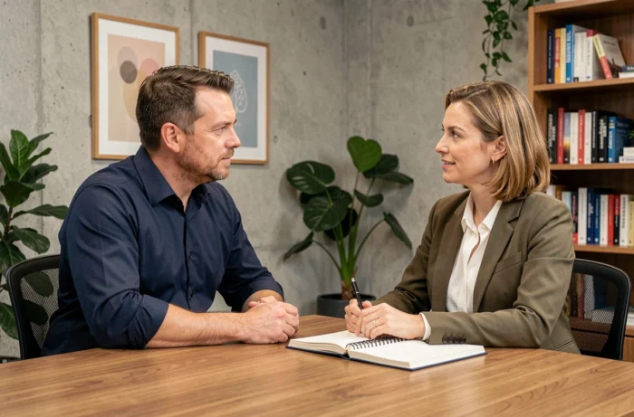 Séance de coaching en développement personnel entre un coach professionnel et son client dans un bureau moderne et bienveillant