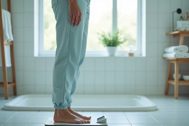 Femme senior debout sur une balance impédancemètre dans une salle de bain lumineuse, consultant les résultats d'analyse de composition corporelle