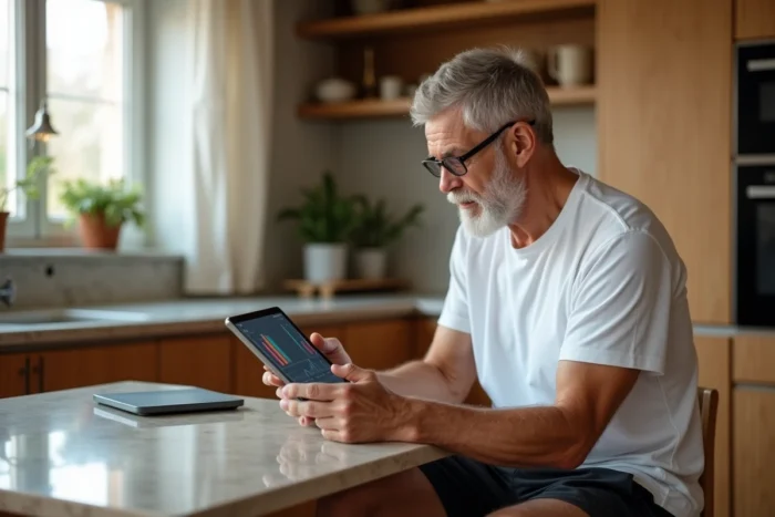 Homme senior consultant son suivi de masse musculaire sur tablette avec une balance impédancemètre posée au sol dans une cuisine moderne