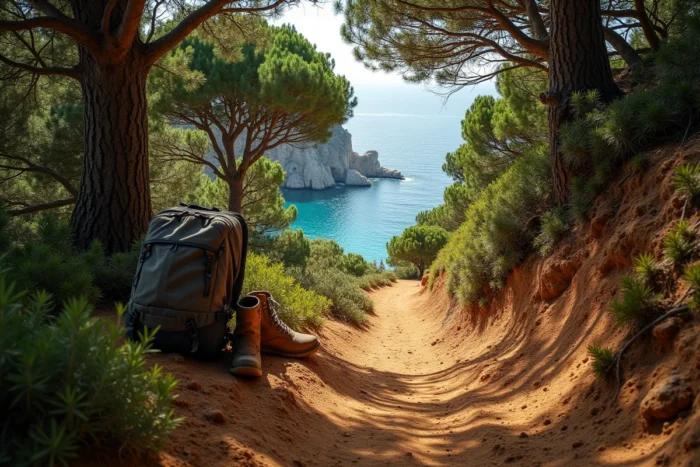 Sentier de randonnée côtier menant à la plage secrète de Cala Tavallera dans la forêt méditerranéenne